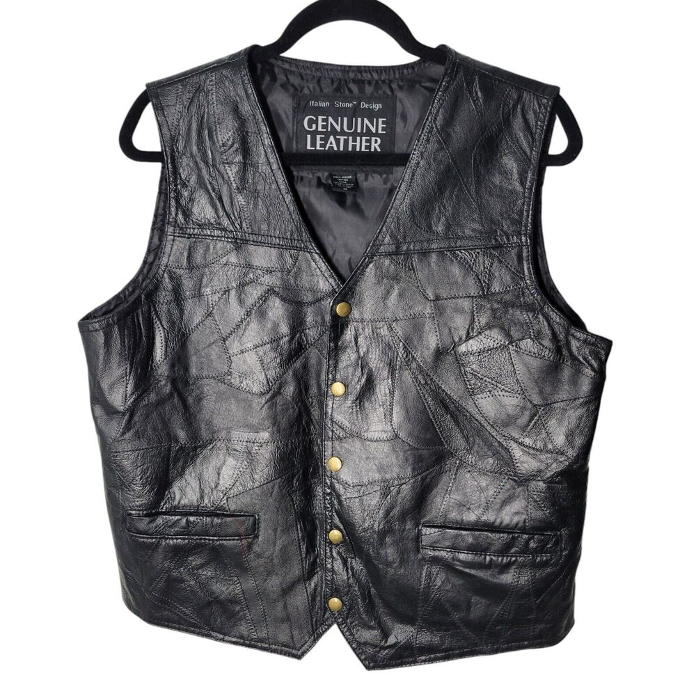 Italian Stone Design Geniune Leather Mens Sz M Black Solid Cowboy Biker Vest